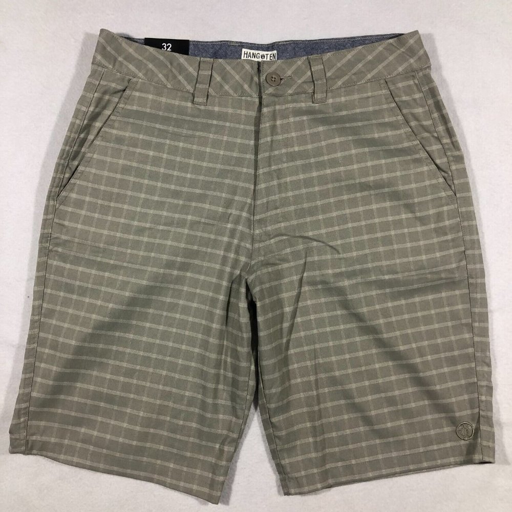 Hang Ten Shorts Mens 32 Stretch Walkshort Taupe Check Plaid Flat Front NEW